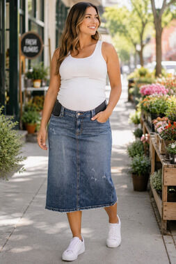 Denim Midi Maternity Skirt Side Panel Stretch Back Slit